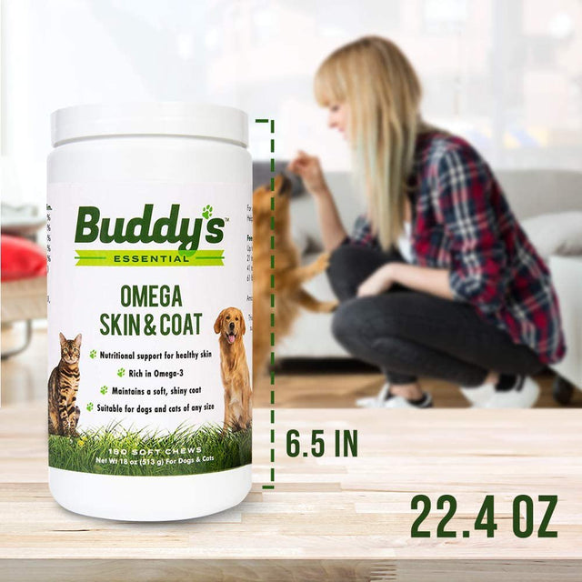 Buddy'S Essential Dog and Cat Soft Chew Vitamin Supplement for Skin and Fur Coat Health Support- 180 Soft Chews- Rich in Salmon Oil Omega 3 and 6 Fatty Acids, EPA, DHA- Natural Taste, Made in USA