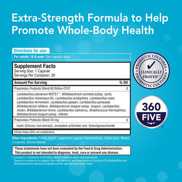 Bio360 Probiotics Daily Extra Formula, Vegan Prebiotics & Probiotics for Extra Support, 30 Ct