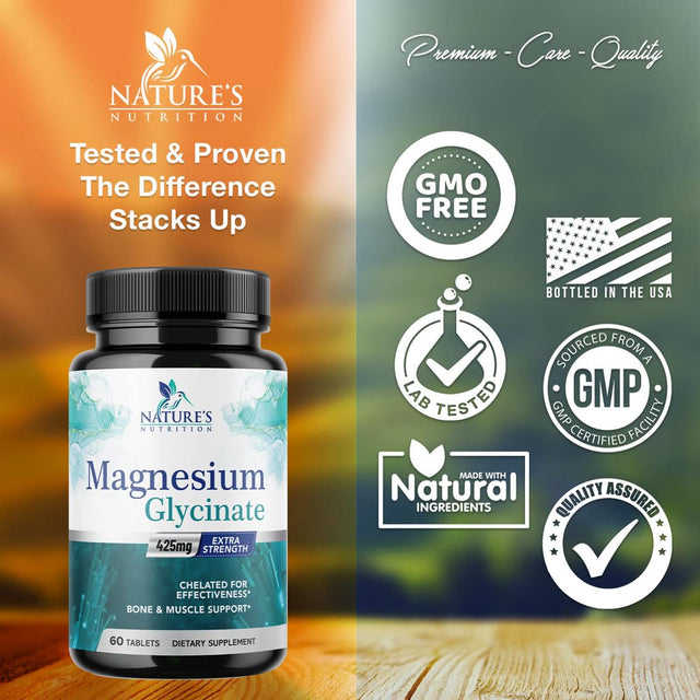 Magnesium Glycinate 425 Mg with Calcium - Natural, High Absorption Magnesium Tablets Chelated for Muscle, Nerve, Bone & Heart Health Support - Non-Gmo, Gluten Free, Vegan Supplement - 60 Tablets