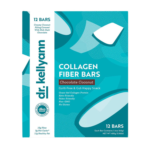 Dr. Kellyann Keto Collagen Fiber Bar - High Fiber, Low Carbs - Gluten Free, Non-Gmo & No Artificial Sweeteners - Perfect Keto & Paleo Snack with Creamy Coconut Dipped in Dark Chocolate (12 Bars)