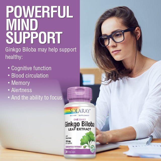 Solaray Guaranteed Potency Ginkgo Biloba Leaf Extract One Daily, Veg Cap (Btl-Plastic) 120Mg | 30Ct