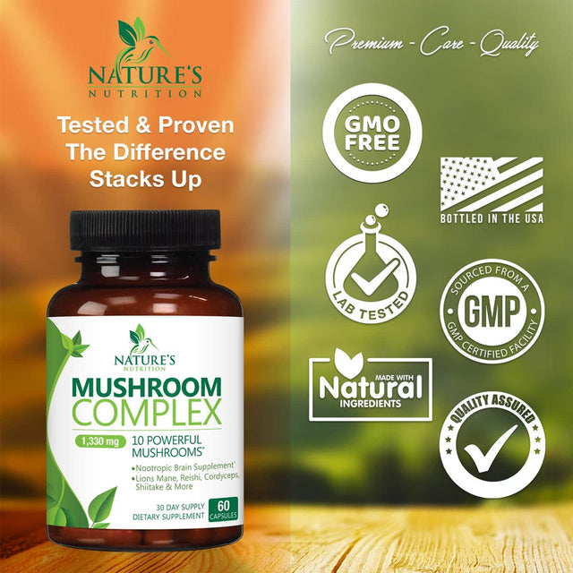 Mushroom Supplement - 10 Mushroom Complex Blend - Lions Mane, Reishi, Turkey Tail, Chaga, Cordyceps, Shiitake, Maitake - Nootropic Brain Supplement, Memory, Focus, Immune Health Support - 60 Count