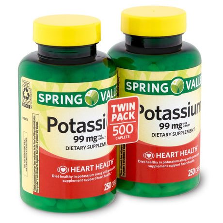 Spring Valley Potassium Heart Health Dietary Supplement Caplets Twin Pack, 99 Mg, 500 Count