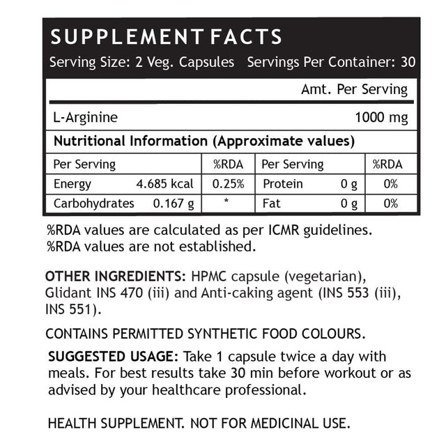 Inlife L-Arginine 1000Mg Supplement (Pack of 60 Vegetarian Capsules) Serving, Nitric Oxide Precursor