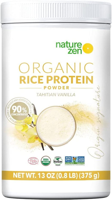 Nature Zen Organic Vegan Protein Powder, Tahitian Vanilla, Organic Rice Protein, Sugar Free, Dairy Free, Soy Free, Gluten Free, Naturally Non GMO, Kosher, High in Fiber, Halal, 18 Servings, 13Oz