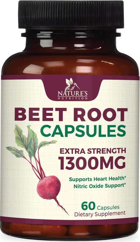 Beet Root Capsules - 1300Mg Extra Strength, Natural Beetroot Powder Extract - Nitric Oxide Supports Heart Health, Endurance & Energy - Vegan Herbal Extract Supplement - Nongmo - 60 Capsules