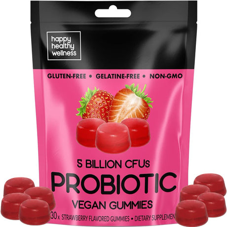 Happy Healthy Wellness Vegan Probiotics Gummies for Women 5 Billion Cfus 100% Natural Probiotics for Immune Support & Digestion - Gluten & Gelatine Free, Non-Gmo - Strawberry Flavor 30 Pcs