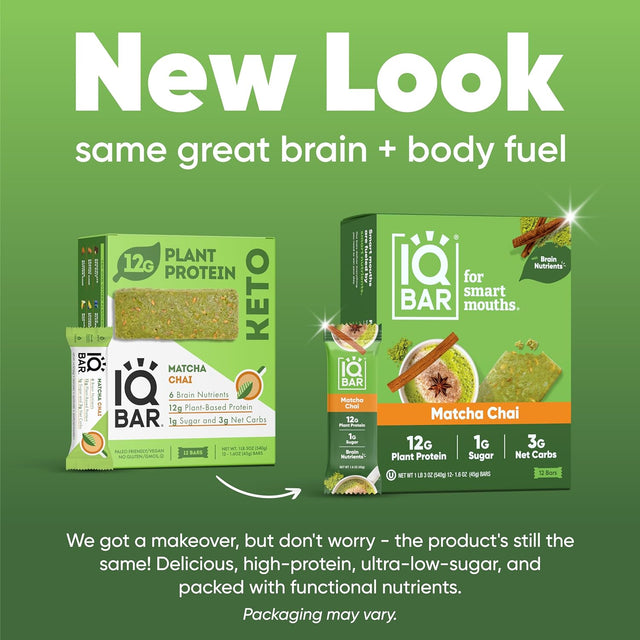 IQBAR Brain and Body Keto Protein Bars - Fruit Lovers Variety & Matcha Chai - 12 Count Energy Bars - Low Carb Protein Bars - High Fiber Vegan Bars Low Sugar Meal Replacement Bars