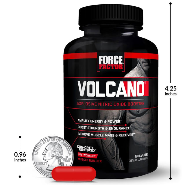 Volcano Pre Workout Nitric Oxide Booster Supplement for Men with Creatine and L-Citrulline to Boost Nitric Oxide and Energy, Build Muscle, Better Pump and Workout, Force Factor, 120 Capsules