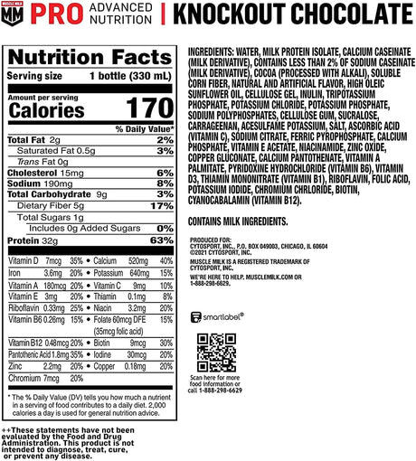 Muscle Milk Pro Advanced Nutrition Protein Shake, Knockout Chocolate, 11.16 Fl Oz (Pack of 12), 32G Protein, 1G Sugar, 16 Vitamins & Minerals, 5G Fiber, Workout Recovery, Energizing Snack, Packaging May Vary