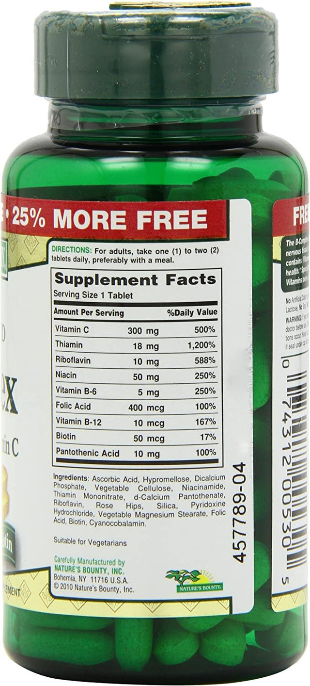 Vitamin B-Complex by Nature'S Bounty, Time Released Vitamin Supplement W/ Folic Acid plus Vitamin C, Supports Energy Metabolism and Nervous System Health, 125 Tablets (Pack of 3)