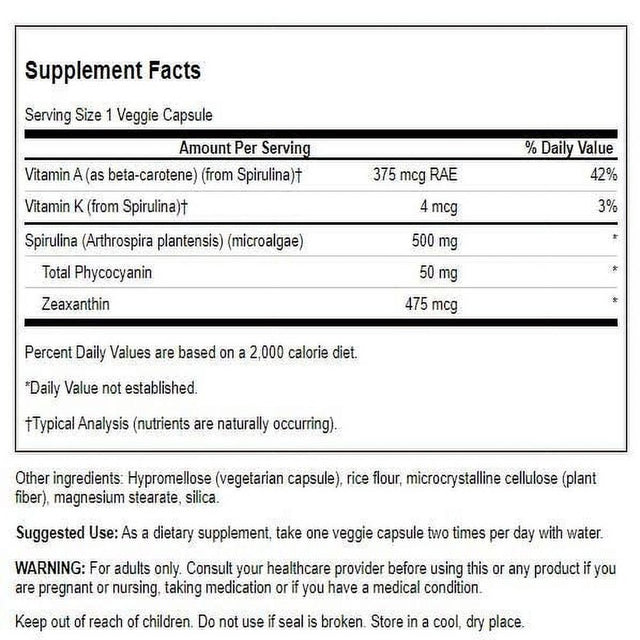 Swanson Std Spirulina Blue-Green Algae 10% Phycocyanin 500 Mg 90 Veggie Capsules