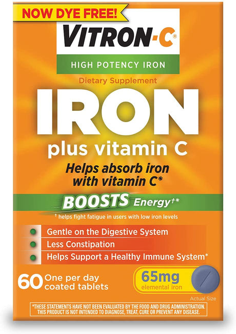 Vitron-C High Potency Iron Supplement with 125 Mg Vitamin C, Dye Free, Vegan, Gluten Free, 60 Count