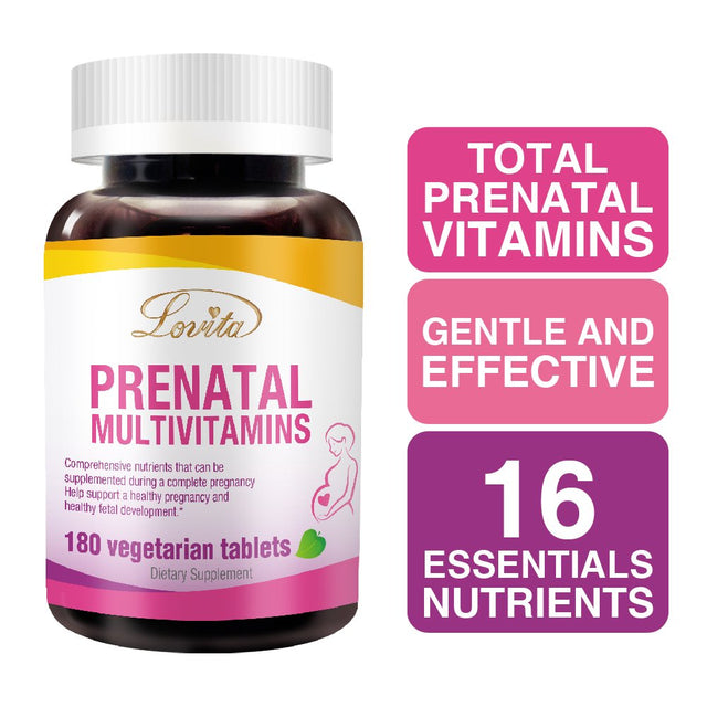 Lovita Prenatal Vitamin with Folic Acid 800Mcg, Iron 27Mg (Iron Bisglycinate) & Calcium, Prenatal Multivitamin to Support New Born Baby Development and Mom, 180 Vegetarian Tablets