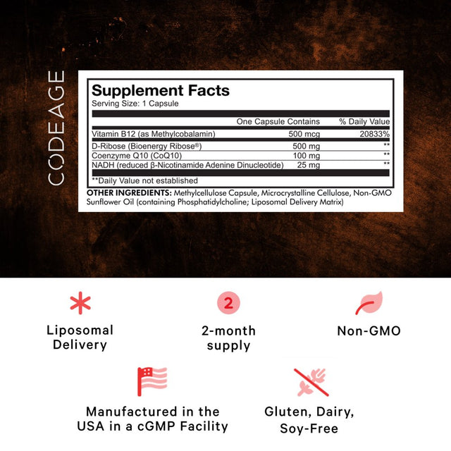 Codeage Liposomal NADH+, B-Nicotinamide Adenine Dinucleotide, Coq10, Vitamin B12, D-Ribose, 60 Ct