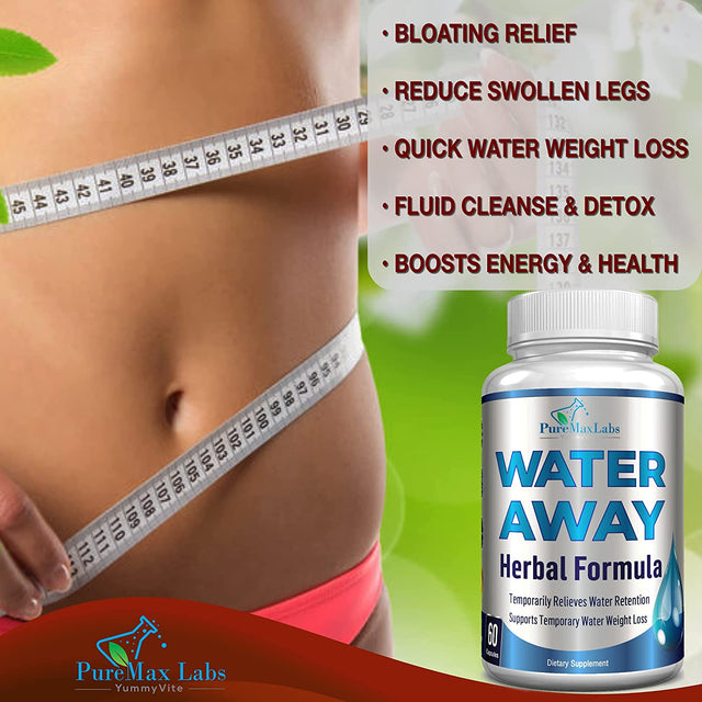 Water Away Gentle Herbal Diuretic - Natural Diuretic Water Pills - Relieve Bloating, Reduce Excess Water Weight with Dandelion Leaf, Green Tea, Detox Cleanse & Urinary Health. Non-Gmo, 60 Capsules