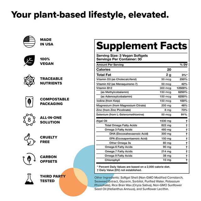 Complement Vegan Multivitamins for Women & Men with Omega 3 Dha+Epa,Vitamin B12,D3 K2- 1 Month Supply