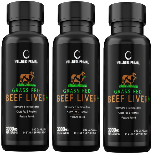 Wellness Primal Beef Liver plus Supplement (Desiccated) Grass Fed , Argentinian Raised Cattle Natural Iron, Vitamin A, B12 for Energy (180 Capsules) (3 Bottle)