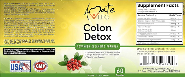 Colon Detox Advanced Cleansing Formula- All-Natural Men and Women Weight Loss Capsules- Colon Cleansing Dietary Supplements- Herbal Laxative- Colon Cleanser - Fibre Complex- 60 Capsules