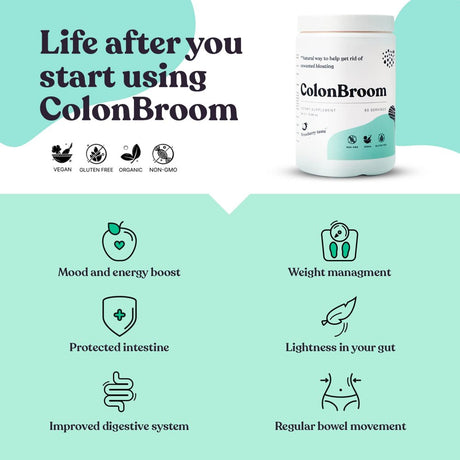 Colonbroom Psyllium Husk Powder Colon Cleanser - Vegan, Gluten Free, Non-Gmo Fiber Supplement - Natural, Safe for Constipation Relief, Bloating Relief & Gut Health (60 Servings)