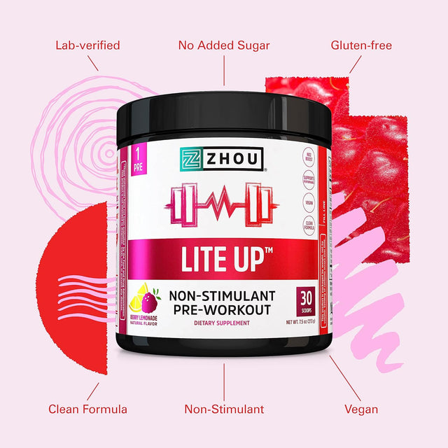 Zhou Nutrition Lite Up, Non-Stimulant Pre Workout Powder, Caffeine Free Nitric Oxide Booster, No Sugar Added, Vegan, Gluten Free, Non GMO, Berry Lemonade, 7.5 Oz