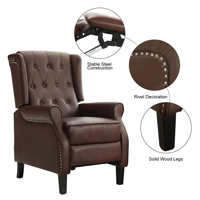 MERITLIFE Leather Push Back Recliner Chairs with Thick Seat, Nailhead Accents, Button-Meritlife Tufted Leather Wing Recliner, Easy Assembly (Brown)