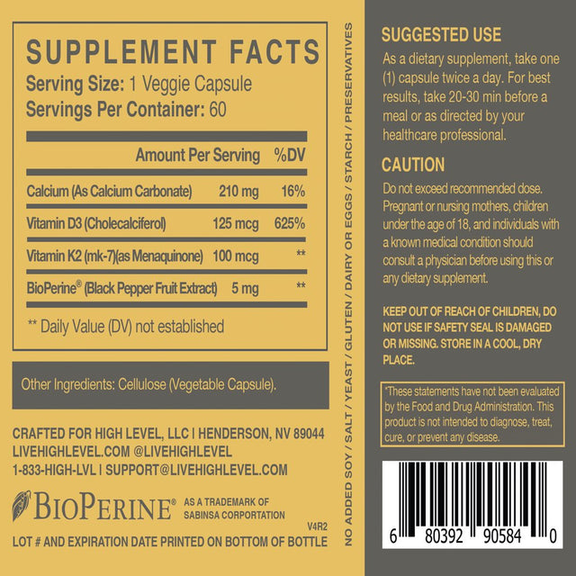 High Level K2-D3 - Vitamin K2 (MK7) with Two in One Support Complex with Bioperine (Black Pepper) | 60 Veggie Capsules | 5000Iu D3 Cholecalciferol, 100Mcg K2 | Heart, Bone and Immune Health