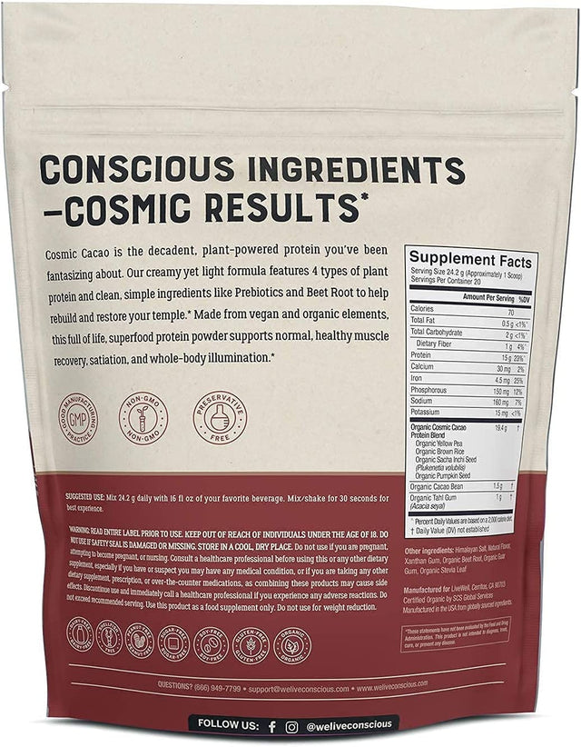 Live Conscious beyond Greens Concentrated Superfood Powder & Organic Pea Protein Powder - Cosmic Cacao Chocolate Flavor | Immune System Boost & Gut Health + Metabolism & Muscle Support