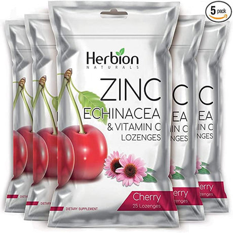 Herbion Naturals Zinc, Echinacea & Vitamin C Lozenges with Cherry Flavor, 25 CT - Dietary Supplement for Adults & Children 5+ - Promotes Wellness for the Whole Family - (Pack of 5) (125 Lozenges