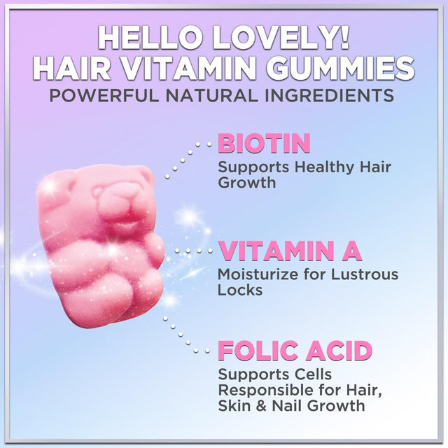 Hello Lovely! Hair Vitamins Gummies with Biotin 5000 Mcg Vitamin E & C Support Hair Growth, Premium Vegetarian Non-Gmo, for Stronger Beautiful Hair & Nails Supplement - 120 Gummy Bears