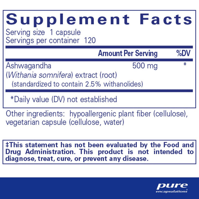 Pure Encapsulations Ashwagandha | Supplement for Thyroid Support, Joints, Adaptogens, Focus, and Memory* | 120 Capsules