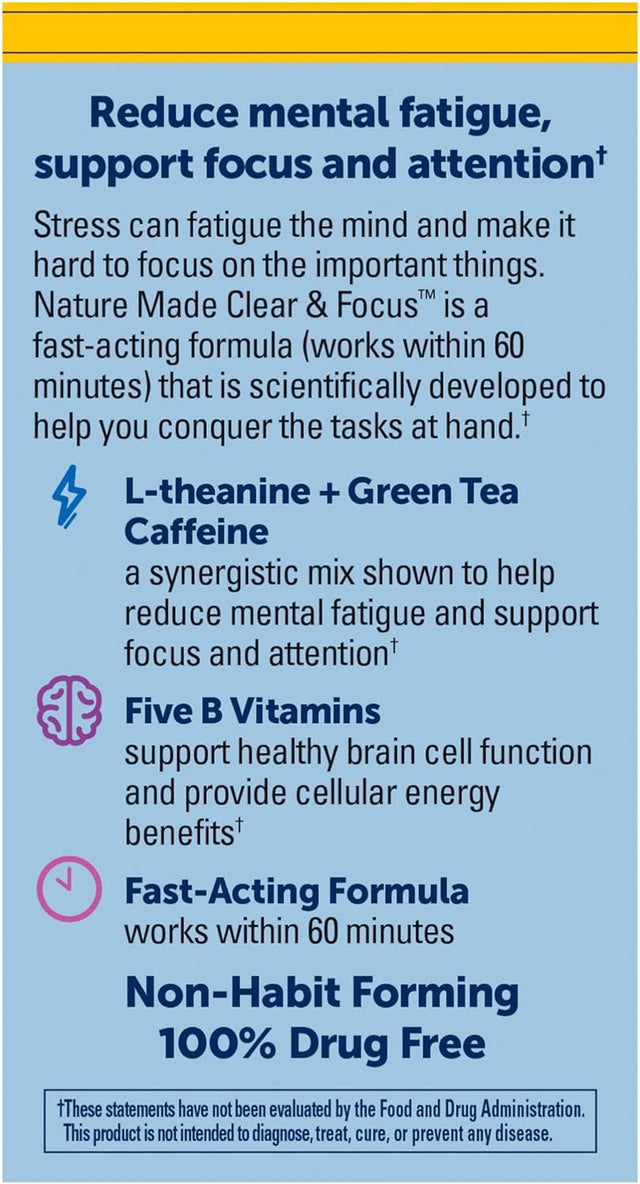 Nature Made Clear & Focus, L-Theanine and Low-Dose Green Tea Caffeine, Helps Reduce Mental Fatigue and Supports Focus, Five B Vitamins for Cellular Energy Support, Lemon Mint, 30 Chewable Tablets