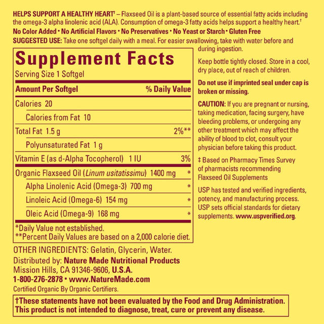 Nature Made Flaxseed Oil, 1400 Mg, 300 Ct, Softgels