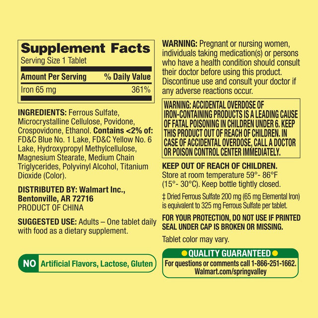 Spring Valley Iron General Wellness Dietary Supplement Tablets, 65 Mg, 100 Count