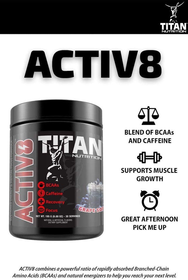 Titan Nutrition Activ8- Bcaa'S with Caffeine and Electrolytes for Sustained Energy and Mental Focus (Grape Soda)