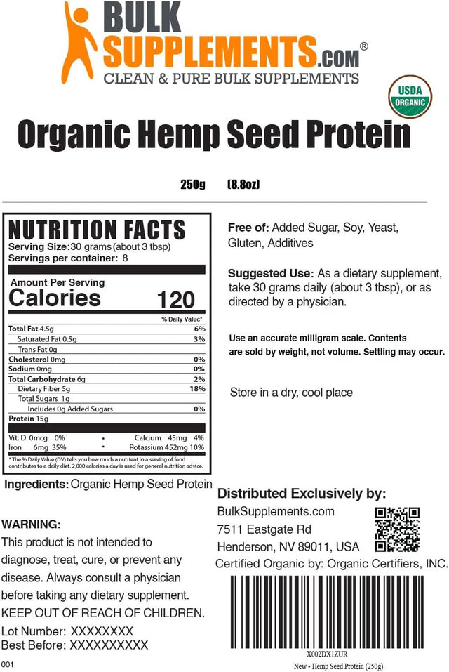 BULKSUPPLEMENTS.COM Organic Hemp Seed Powder - Vegan Protein Powder - Unsweetened Protein Powder - Superfood Protein Powder (250 Grams - 8.8 Oz)