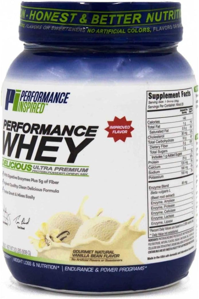 PERFORMANCE INSPIRED Nutrition Performance Whey Protein Powder - Fiber Packed - Contains Bcaas - Digestive Enzymes - Gluten Free - Natural Vanilla - 2 Lb