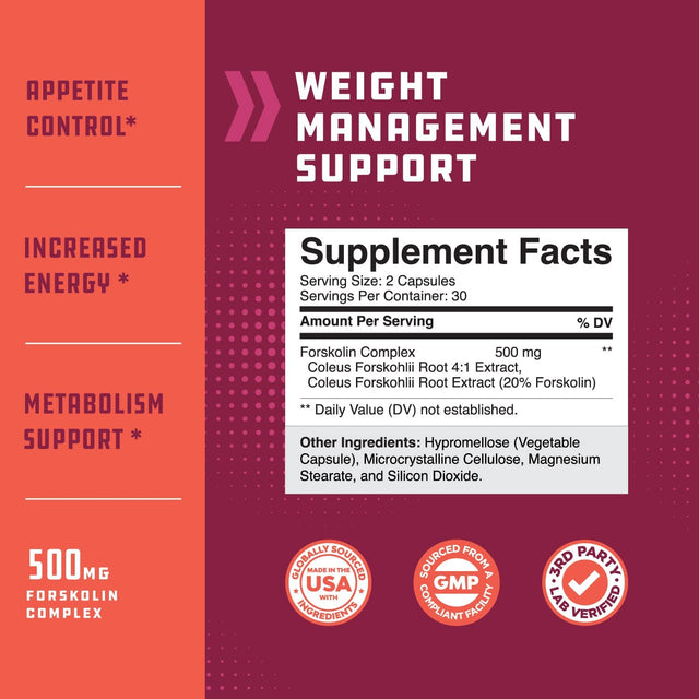 Max Strength Forskolin Weight Loss Supplement for Men and Women - Fast Acting Diet Pills Natural Appetite Suppressant Potent Fat Burner Builds Muscle Boosts Energy 60 Veggie Capsules