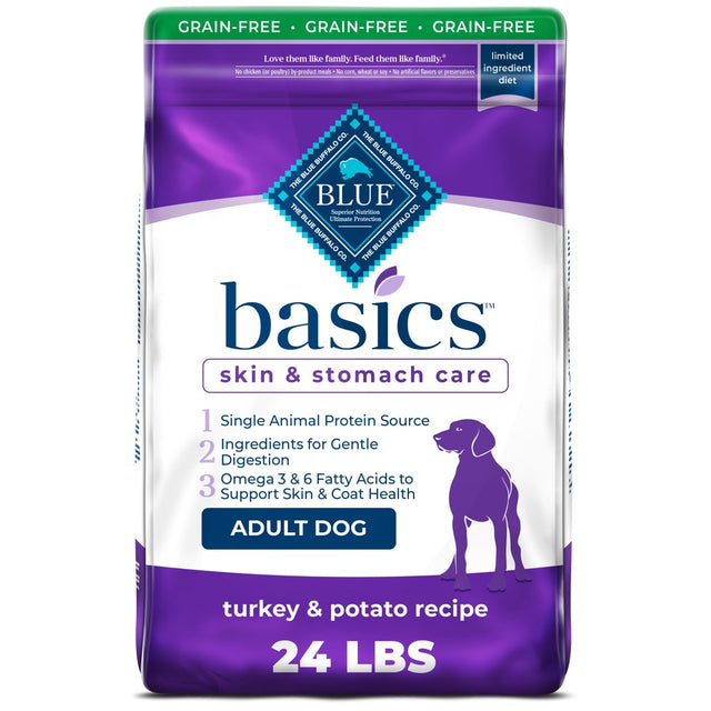 Blue Buffalo Basics Skin & Stomach Care Turkey and Potato Dry Dog Food for Adult Dogs, Grain-Free, 24 Lb. Bag