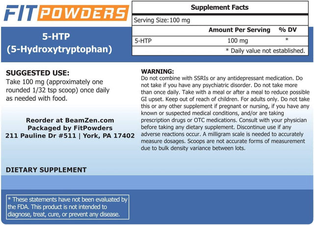 5-HTP Powder (Pure) 100 Grams (Multiple Sizes) Non-Gmo, Serotonin, Mood Boosting Supplement