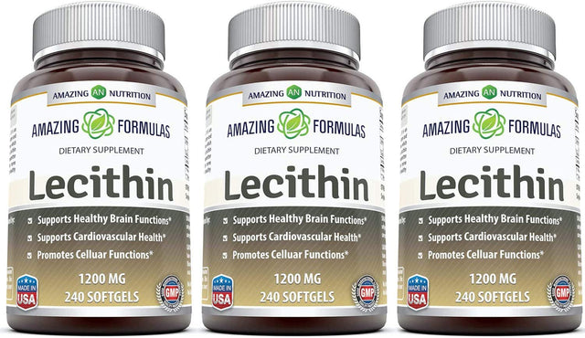 Amazing Formulas Lecithin Dietary Supplement * 1200 Mg High Potency Lecithin Softgels (Non-Gmo) * Promotes Brain & Cardiovascular Health * Aids in Cellular Activities * 240 Softgels (Pack of 3)