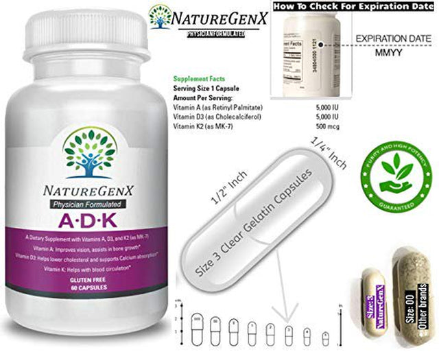 Naturegenx Bone Health 5000 IU ADK Supplement with Vitamin a Vitamin D3 + Vitamin K2 as MK7, 60 Count