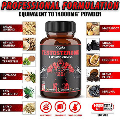 Ultimate T-Booster Supreme Supplement, 11 Concentrated Herbs Equivalent to 14000Mg Powder- Ashwagandha, Tribulus Terrestris, Ginseng Roots, and More - 60 Capsules - 1 Month Supply