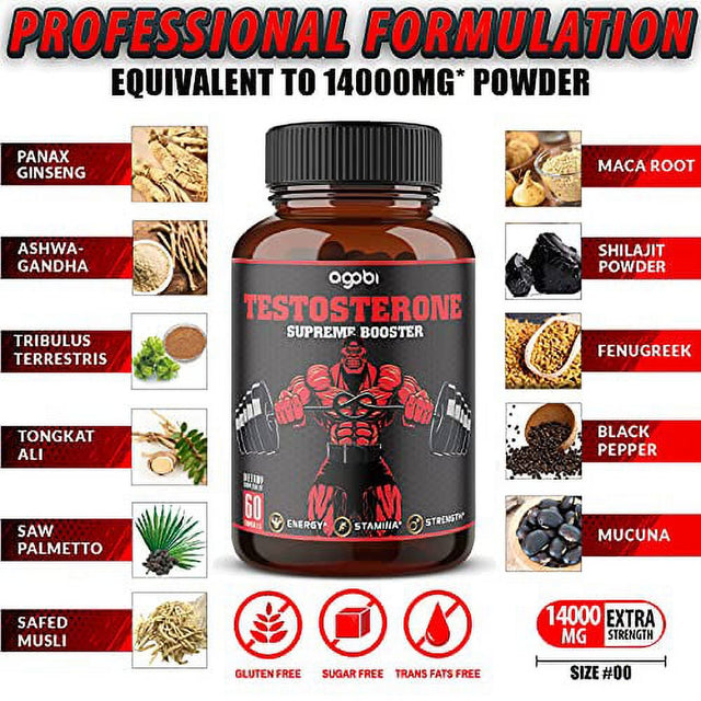 Ultimate T-Booster Supreme Supplement, 11 Concentrated Herbs Equivalent to 14000Mg Powder- Ashwagandha, Tribulus Terrestris, Ginseng Roots, and More - 60 Capsules - 1 Month Supply