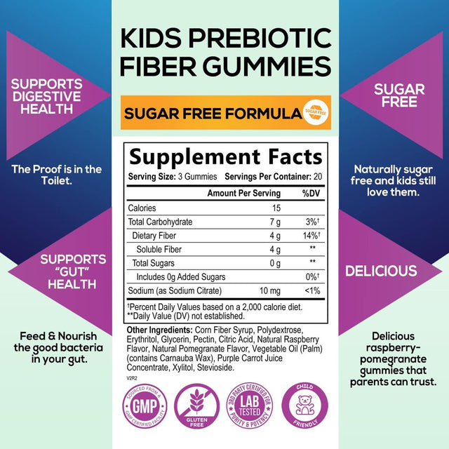 Kids Fiber Gummy Bears Supplement - Sugar Free Daily Prebiotic Fiber for Kids, Supports Regularity, Digestive Health & Immune Support - Nature'S Plant Based Vitamins, Vegan, Berry Flavor - 60 Gummies