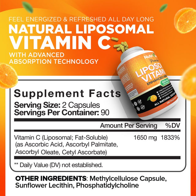 Nutrivein Liposomal Vitamin C 1650Mg - 180 Capsules - High Absorption Ascorbic Acid