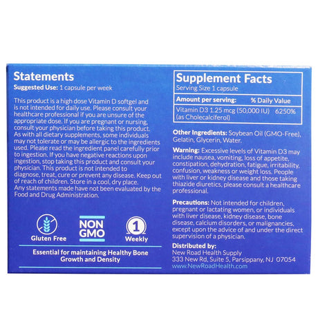 New Road Health Supply - Ultra- D3, Vitamin D 50000 IU Weekly Vitamin D Softgel for Bones, Teeth, and Immune Support, Gluten Free, 4 Count