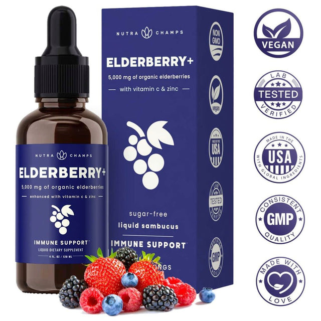 Nutrachamps Organic Elderberry Syrup Liquid Extract for Kids & Adults - Sugar-Free Vegan Sambucus Nigra Antioxidant Drops Supplement - Berry Flavor 2Oz - Immune Support & Seasonal Protection