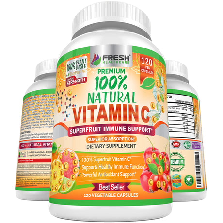 Natural Vitamin C - 100% from Rose Hips, Acerola Cherry and Camu Camu Superfruit 500Mg - High Absorption - Immune Support, Skin, Joint and Collagen Booster with Citrus Biflavanoids - 120 Capsules