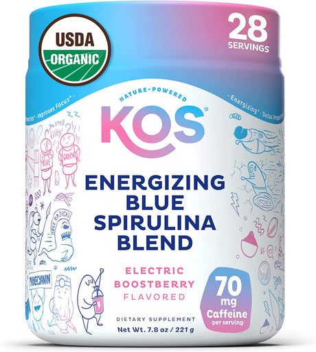 KOS USDA Organic Energizing Blue Spirulina Blend - 70 Mg Organic Caffeine, B-Complex, Ashwagandha Root, Ginseng, Mushroom - Plant Based, Vegan Pre Workout Powder - Blue Raspberry Flavored, 28 Servings